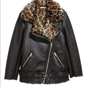 H&M 8 oversized black faux leather /leopard faux fur moto biker jacket